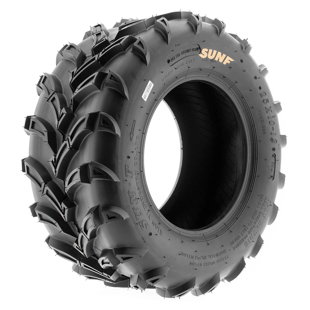 Angled view of the 25x10-12 SunF A024 ATV, Quad, and UTV tire, designed with directional high traction tread pattern and 6-ply Bias construction, manufactured by the Xian Yi Industry Company.