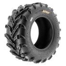 Angled view of the 25x10-12 SunF A024 ATV, Quad, and UTV tire, designed with directional high traction tread pattern and 6-ply Bias construction, manufactured by the Xian Yi Industry Company.