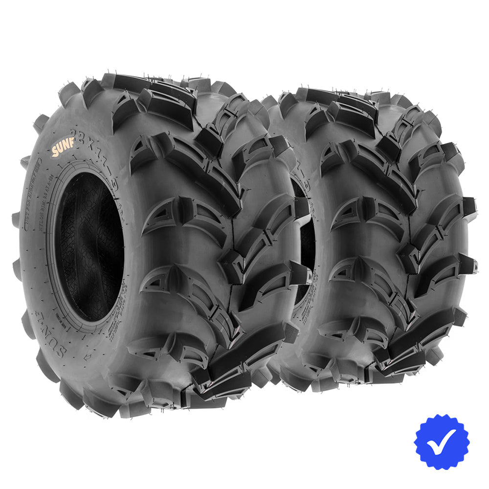 Pair / Set of 2 SunF A024 rear atv and utv tires in 25x10-12 and 22x11-9 size, featuring directional mud all-terrain design and 6-ply bias rating, great price and offered with fast and free shipping.