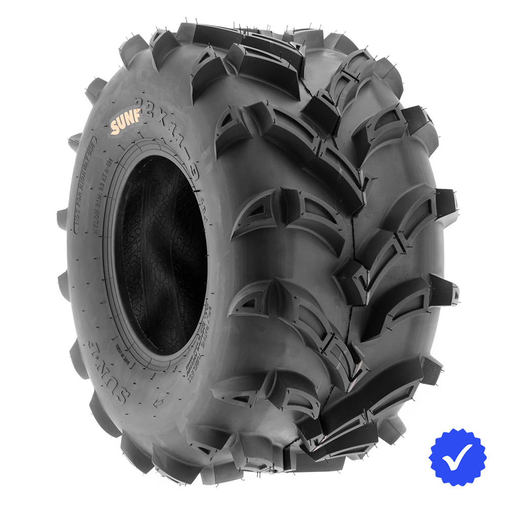 Individual / Single SunF A024 rear atv and utv tire in 25x10-12 and 22x11-9 size, featuring directional mud all-terrain design and 6-ply bias rating, great price and offered with fast and free shipping.