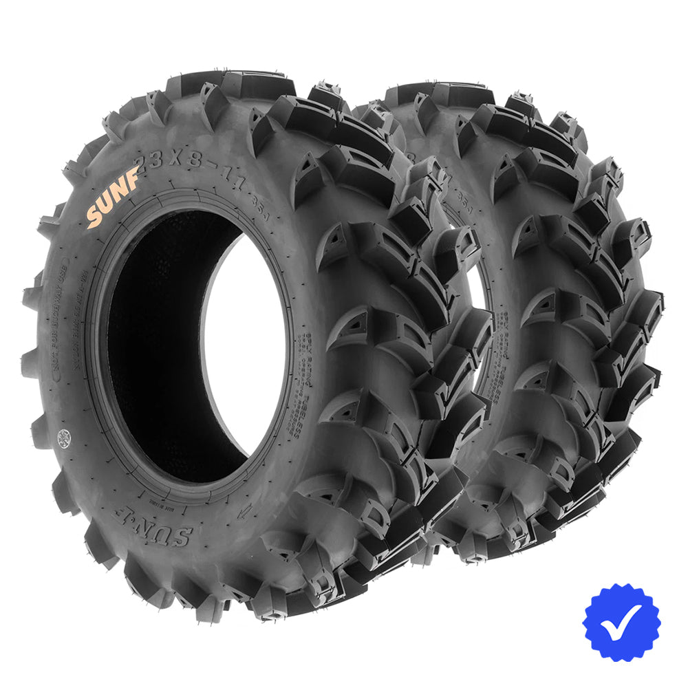 Pair / Set of 2 SunF A024 front atv and utv tires in 23x8-11 and 25x8-12 size, featuring directional mud all-terrain design and 6-ply bias rating, great price and offered with fast and free shipping.