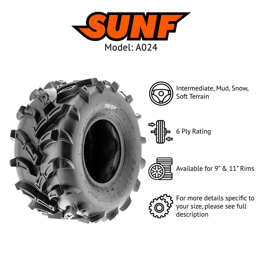 Promotional photo for the SunF model A024 ATV and UTV tire, displaying the tire is suited for intermediate, mud, snow, and soft terrain, with a 6-ply rating, available for 9", 11", and 12" rims.