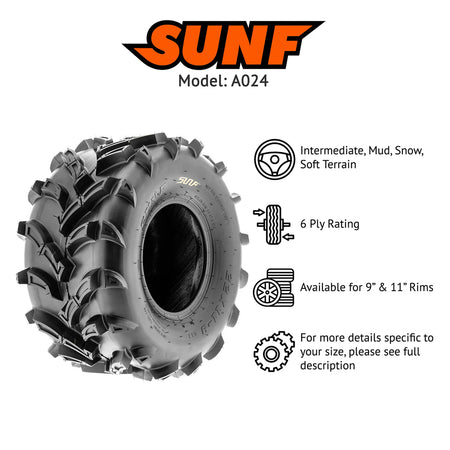 Promotional photo for the SunF model A024 ATV and UTV tire, displaying the tire is suited for intermediate, mud, snow, and soft terrain, with a 6-ply rating, available for 9", 11", and 12" rims.