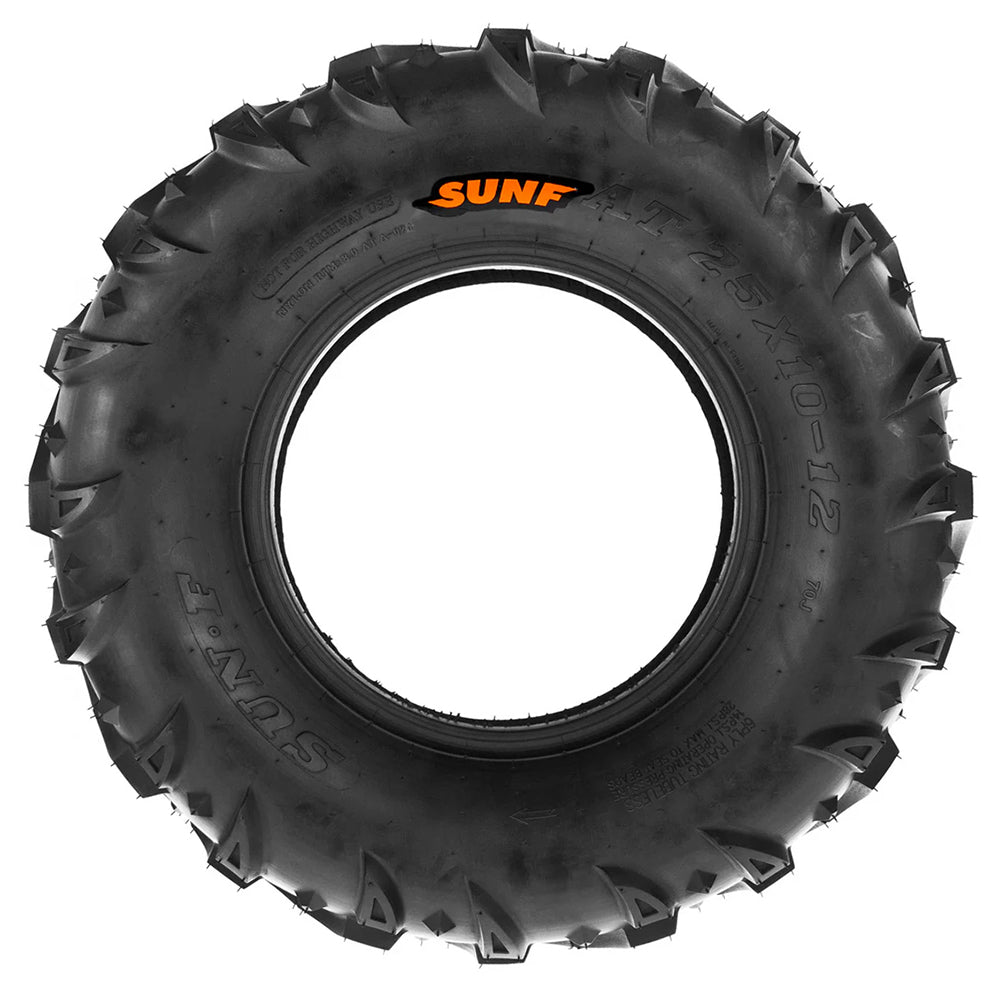 Full sidewall view of the 25x10-12 A024 model utv and atv tire from SunF, featuring a full color hot press SunF logo.