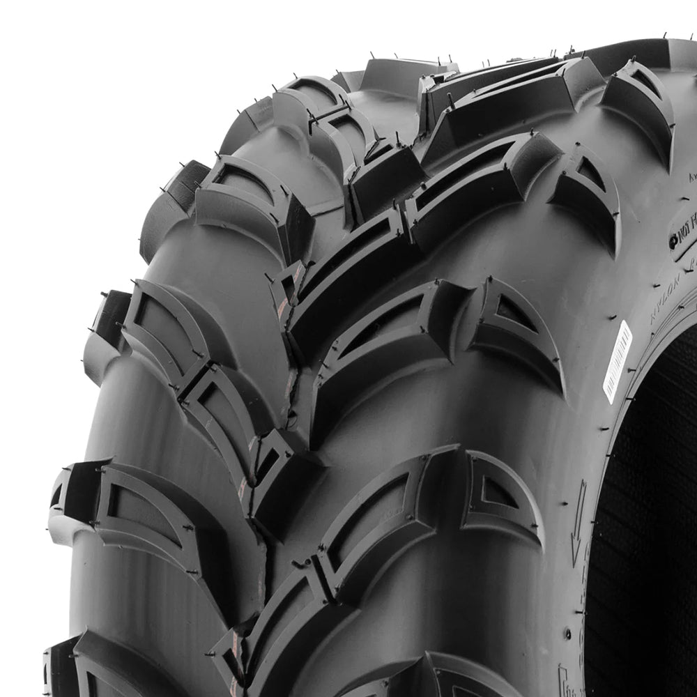 Close up detailed view of the pocketed and angled lug design and tread pattern of the bias 6-ply SunF A024 and A024-1 utility, atv, and side-by-side tire, manufactured with clamshell mold technology.