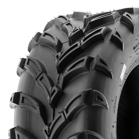 Close up detailed view of the pocketed and angled lug design and tread pattern of the bias 6-ply SunF A024 and A024-1 utility, atv, and side-by-side tire, manufactured with clamshell mold technology.
