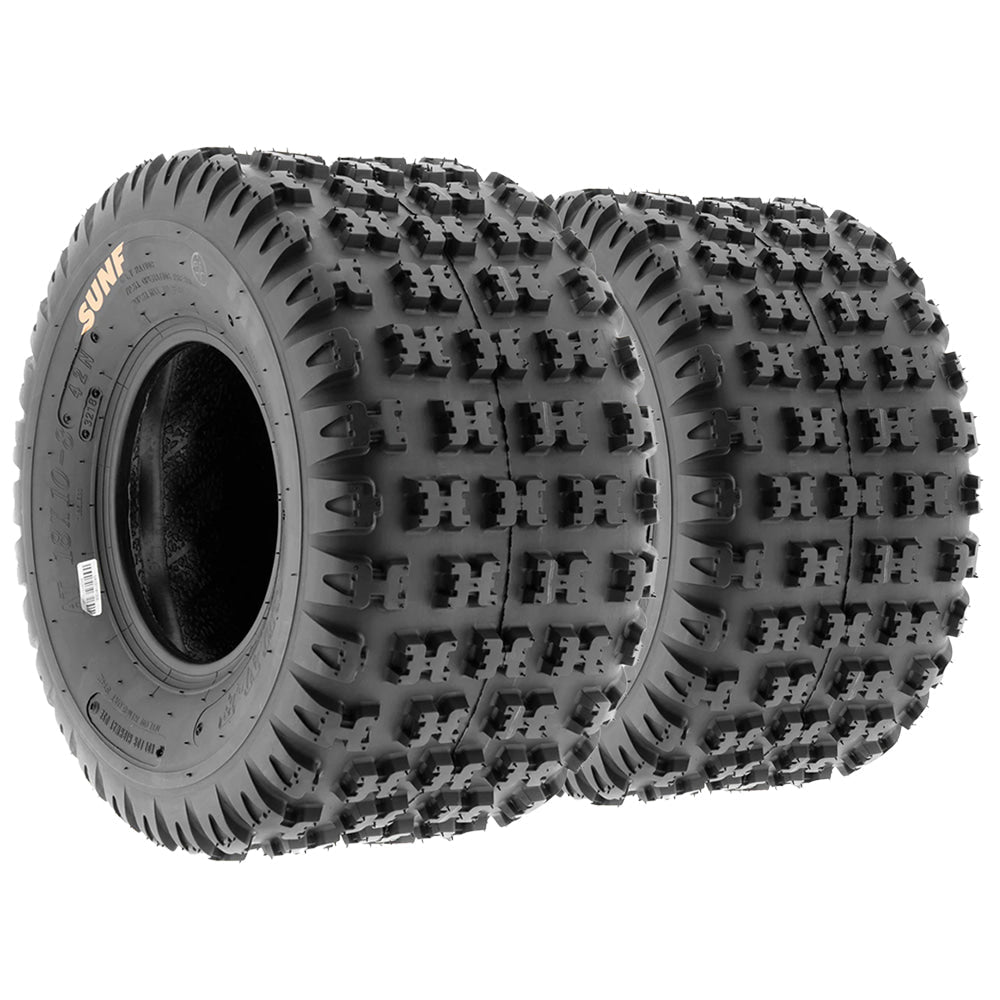 Pair / Set of 2 rear ATV and Quad racing tires, model SunF A031 in either 18x10-8,  20x11-9, or 22x11-9 sizes, featuring 6-ply bias construction and classic tread pattern with high performance design and free shipping from Ride or Die Tire, an authorized SunF retailer and dealer.