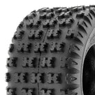Close up view of the "H" style tread blocks / knobs of the A031 SunF Quad and ATV rear tire, displaying multiple biting edges for top traction and moderate side slide for high speed cornering capabilities, sold with free shipping by ROD Tire.