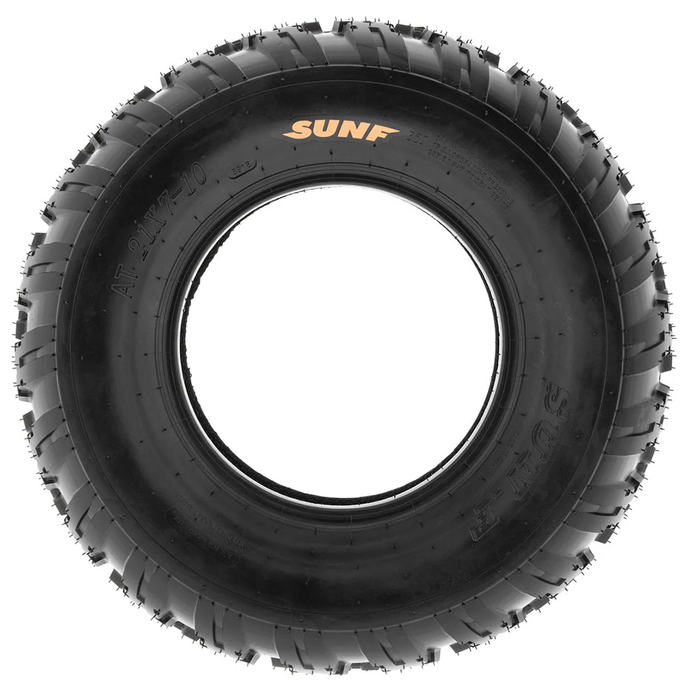 Full sidewall view of the SunF A031 front ATV tire in 10" wheel diameter sizes, featuring high performance 6-ply design, great straight line tracking, and full color sidewall logo.