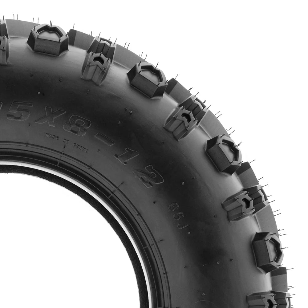 Close up view of the SunF A041 tire sidewall displaying the shoulder lug details, 25x8-12 sizing, and 65J load and speed rating.