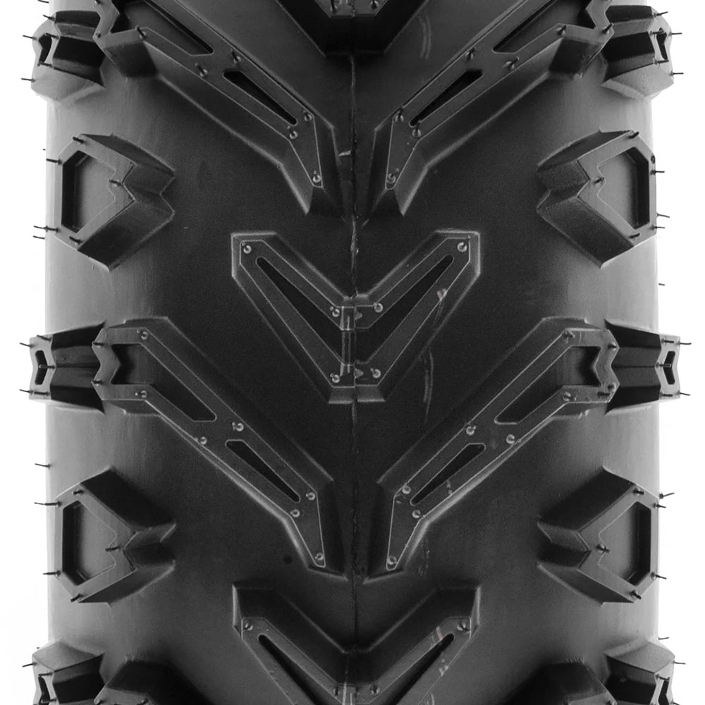 Close up view of the tread pattern and lug design on the SunF A041 ATV / UTV tire, showing the pocketed directional lugs and high traction mud terrain design with clamshell mold construction.