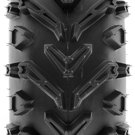 Close up view of the tread pattern and lug design on the SunF A041 ATV / UTV tire, showing the pocketed directional lugs and high traction mud terrain design with clamshell mold construction.