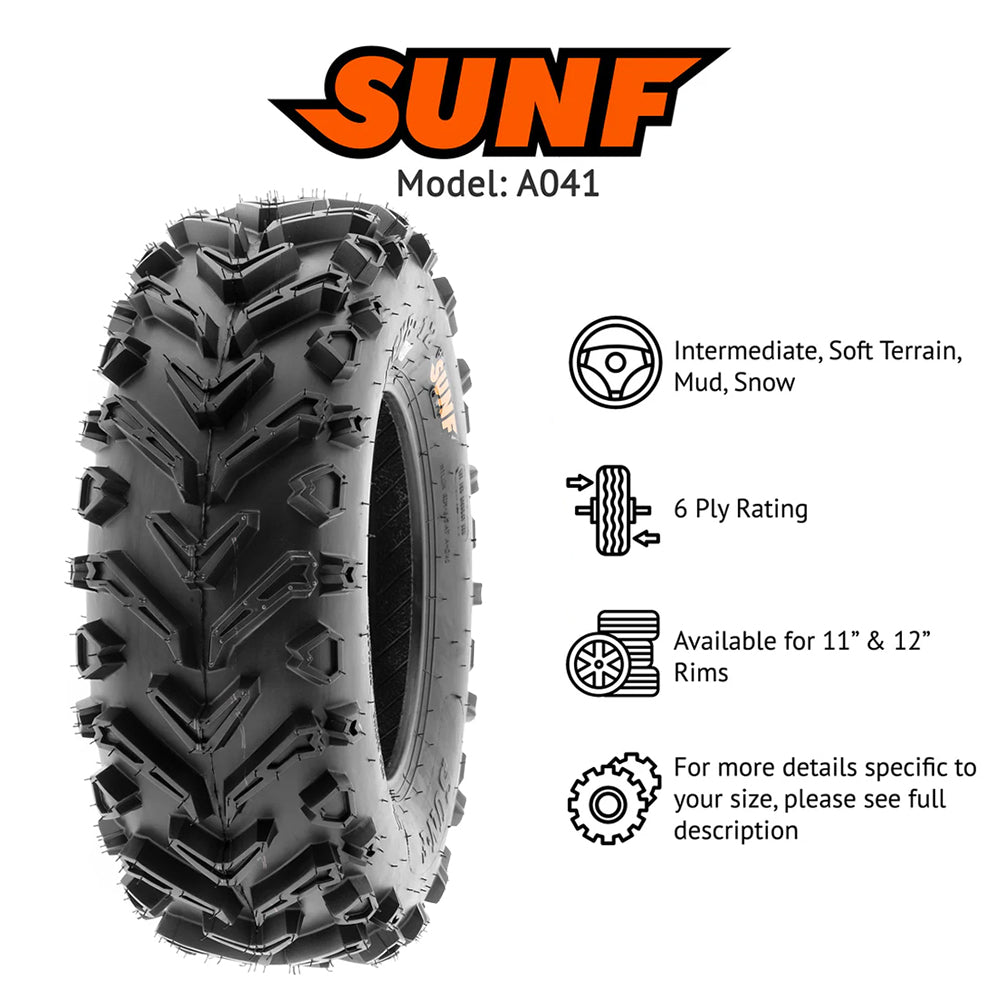 Promotional and feature photo of the SunF A041 ATV and UTV tires, featuring a tread pattern great for intermediate, soft, mud, and snow, with a 6-ply bias rating, and available for 11" and 12" rims.