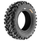 Full angled view of the 25x8-12 bias ply UTV and ATV tire, made with tough 6-ply construction and offered in popular 11" and 12" rim sizes, featuring a directional mud and all terrain tread pattern.