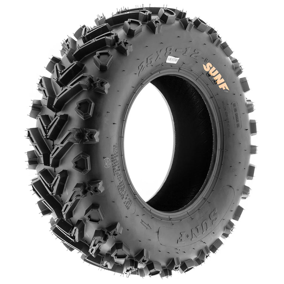 Full angled view of the 25x8-12 bias ply UTV and ATV tire, made with tough 6-ply construction and offered in popular 11" and 12" rim sizes, featuring a directional mud and all terrain tread pattern.