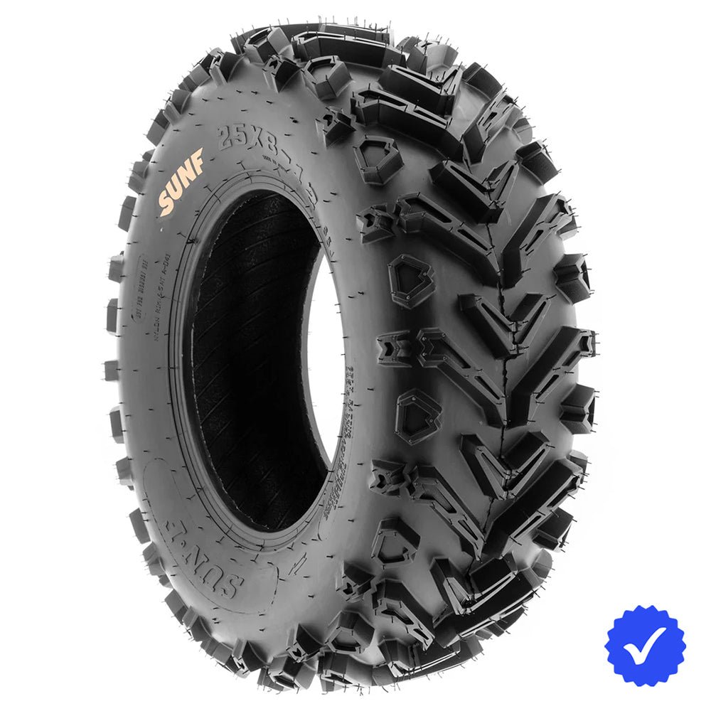 Angled view of a Individual / Single SunF A041 ATV and UTV tire for sale, manufactured with tough 6-ply bias construction and heavy duty mud-terrain directional tread design, available in popular 11" and 12" rim sizes, all available with free shipping.