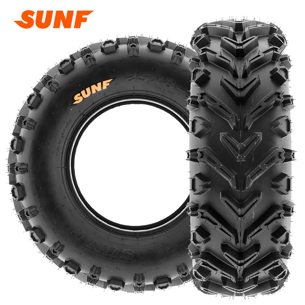 Main product listing photo of the great value, high traction all terrain SunF A041 ATV and small UTV tire, made with bias 6-ply construction, directional tread pattern, and available in popular 12" wheel sizes, all offered with free shipping by Ride or Die Tire.