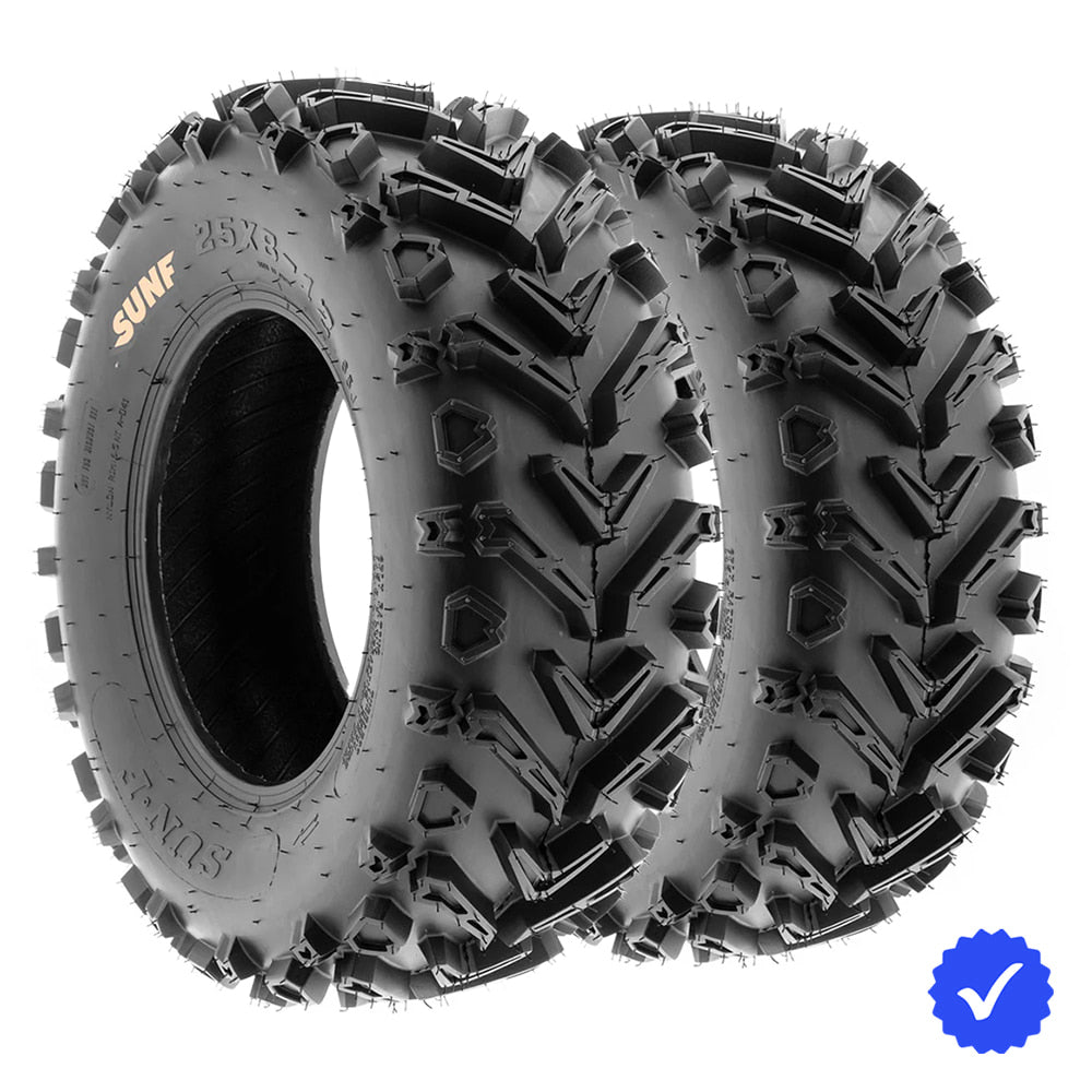 Angled view of a Pair / Set of 2 SunF A041 ATV and UTV tires for sale, manufactured with tough 6-ply bias construction and heavy duty mud-terrain directional tread design, available in popular 11" and 12" rim sizes, all available with free shipping.