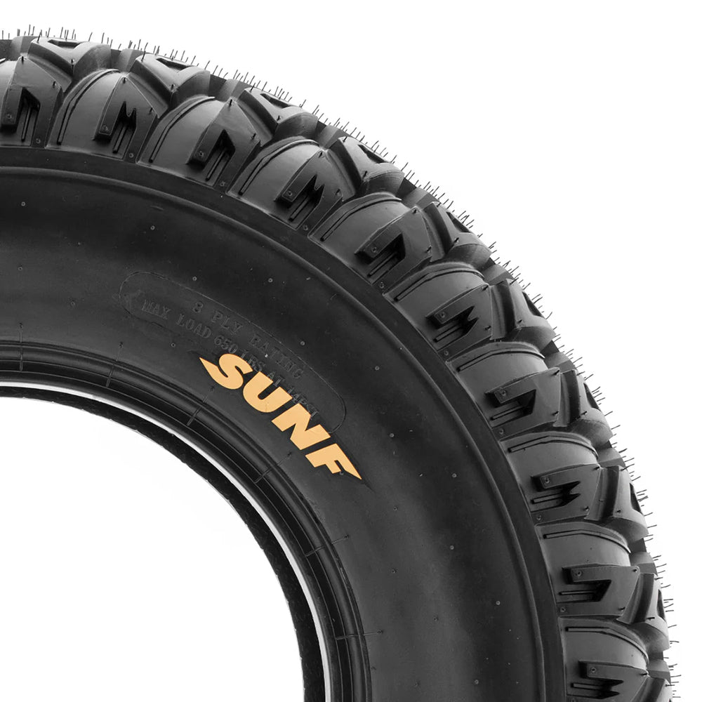 Close-up detailed view of the SunF A45 sidewall displaying the full color SunF logo, 8 ply rating, and max load of 650 pounds at 14 psi.
