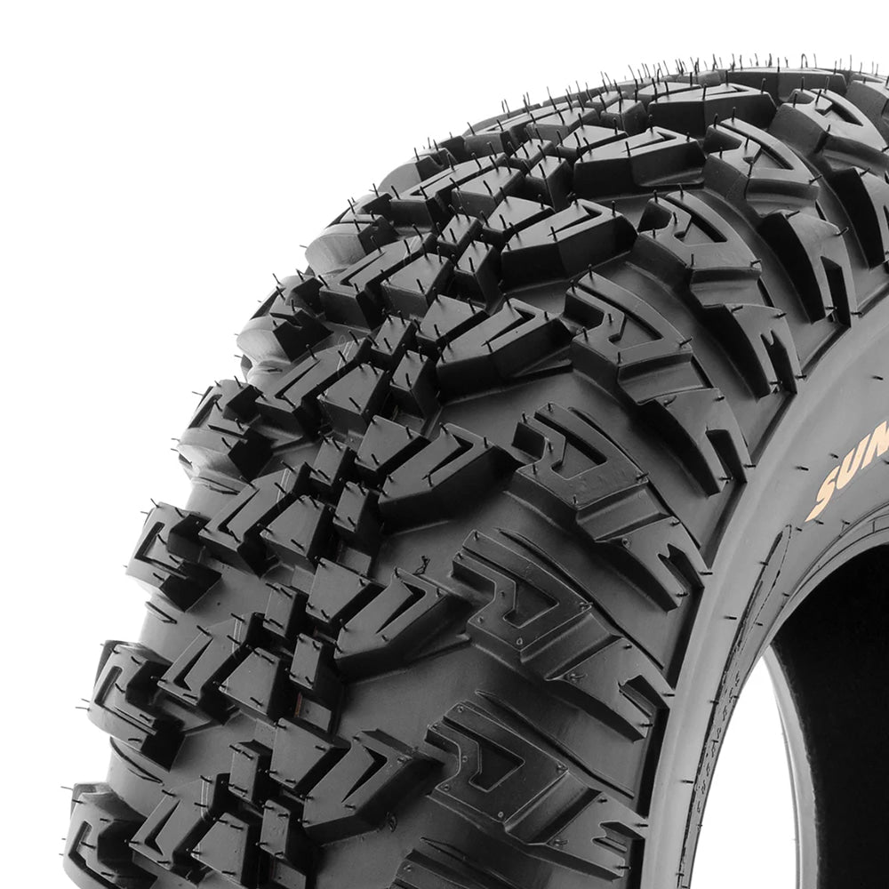 Close up detailed view of the advanced shoulder tread block design and tight center block design of the SunF A045 8-ply Radial UTV and SXS tire, featuring unique shoulder lug multi-surfaced blocks and pocketed design for premium traction.