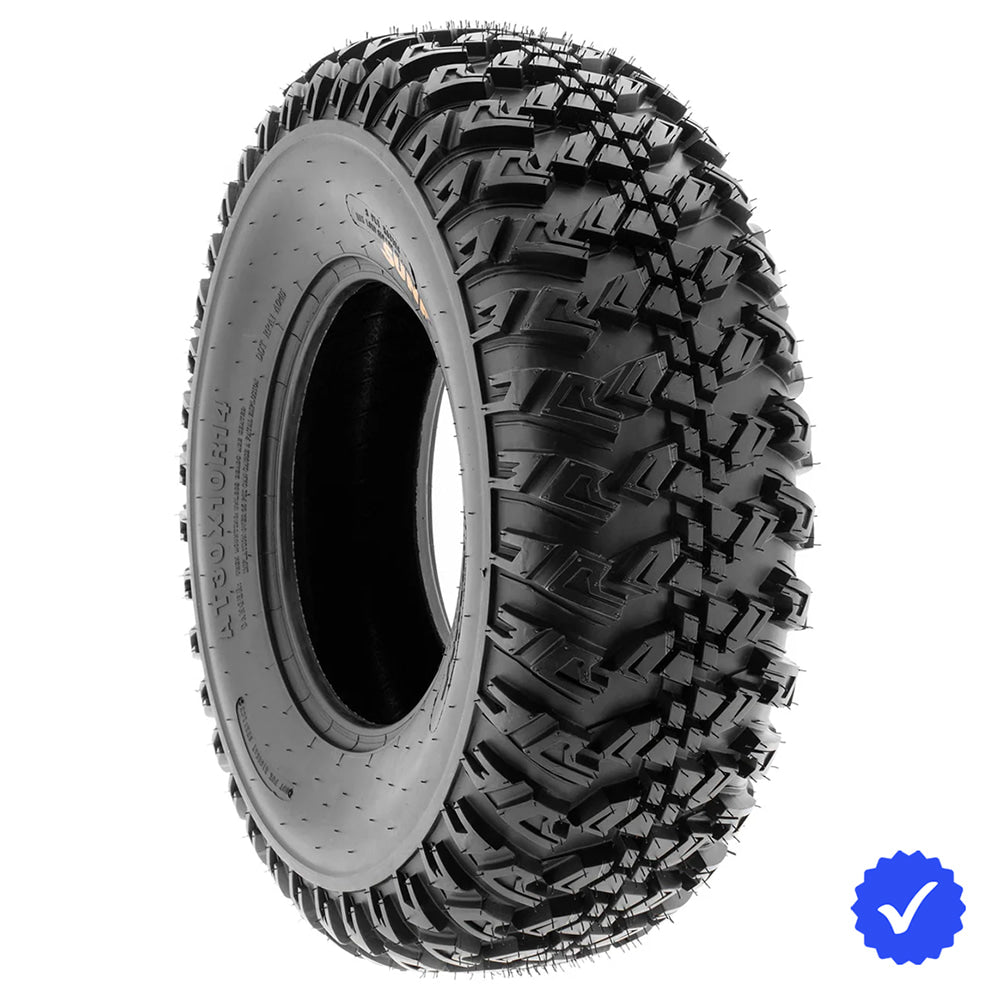 Angled view of the great value and all-around performance SunF A045 8-Ply Radial UTV/SXS tire, available in 30x10.00R14 size, and offered with fast and free shipping from Ride or Die Tire.