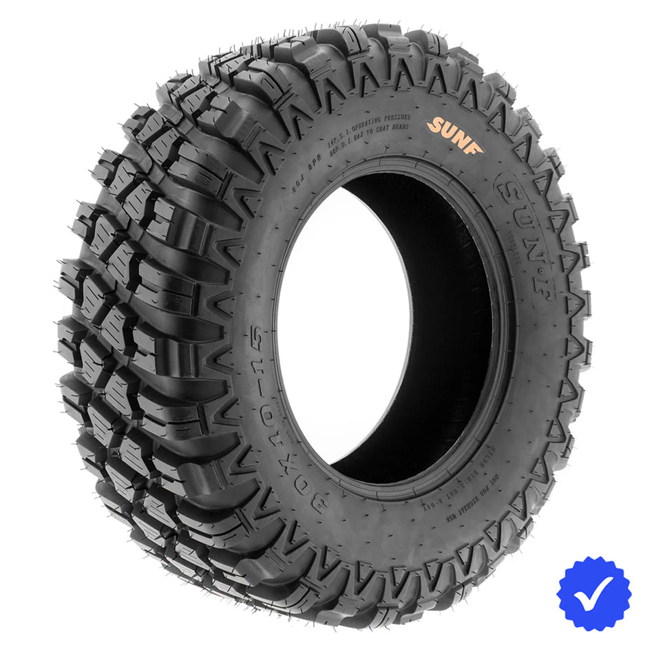 Angled view of the 30x10-15 8-ply bias construction UTV and SXS tire by SunF, the A047 model, featuring unique tread pattern design, staggered shoulder lugs, and full color sidewall logo, available with free shipping from Ride or Die Tire.