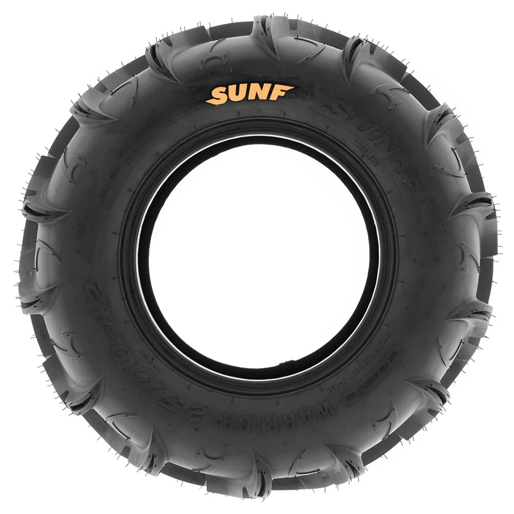 Full sidewall view of the 25x10-12 and 25x8-12 SunF A048 Warrior tire displaying the unique sidewall design and full color "SunF" logo.