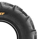 View of the full color and molded SunF logo located on the sidewall of the A048 directional mud and all-terrain ATV and UTV tire, offered in popular 12" rim and 14" rim sizes, all with free shipping, and available as single tires or as a set of 2 and set of 4.