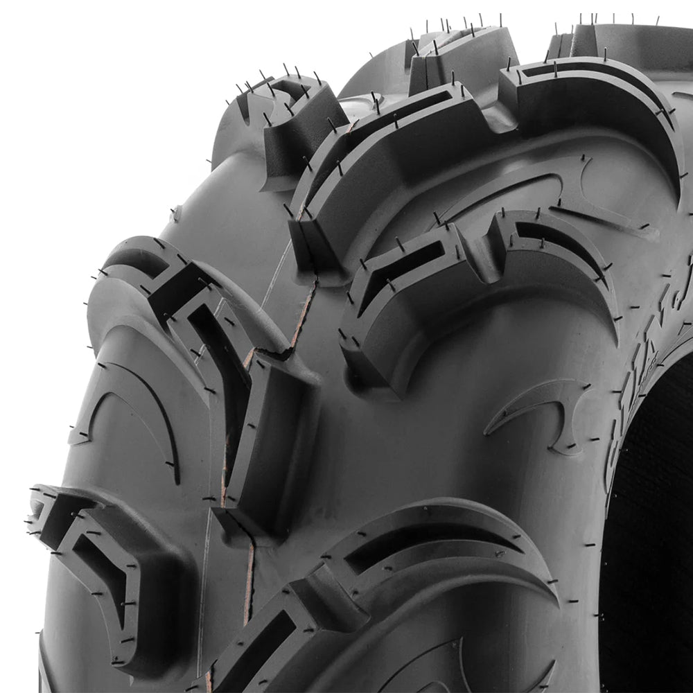Close up detailed view of the angled and staggered directional tread blocks and pocketed lugs of the SunF A048 mud tire for ATV and UTV applications, featuring deep 30mm tread depth.