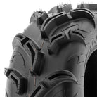 Close up detailed view of the angled and staggered directional tread blocks and pocketed lugs of the SunF A048 mud tire for ATV and UTV applications, featuring deep 30mm tread depth.