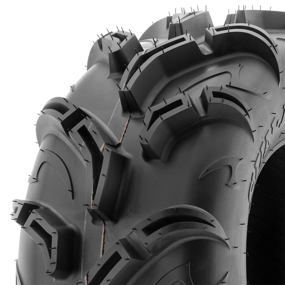 Close up detailed view of the angled and staggered directional tread blocks and pocketed lugs of the SunF A048 mud tire for ATV and UTV applications, featuring deep 30mm tread depth.