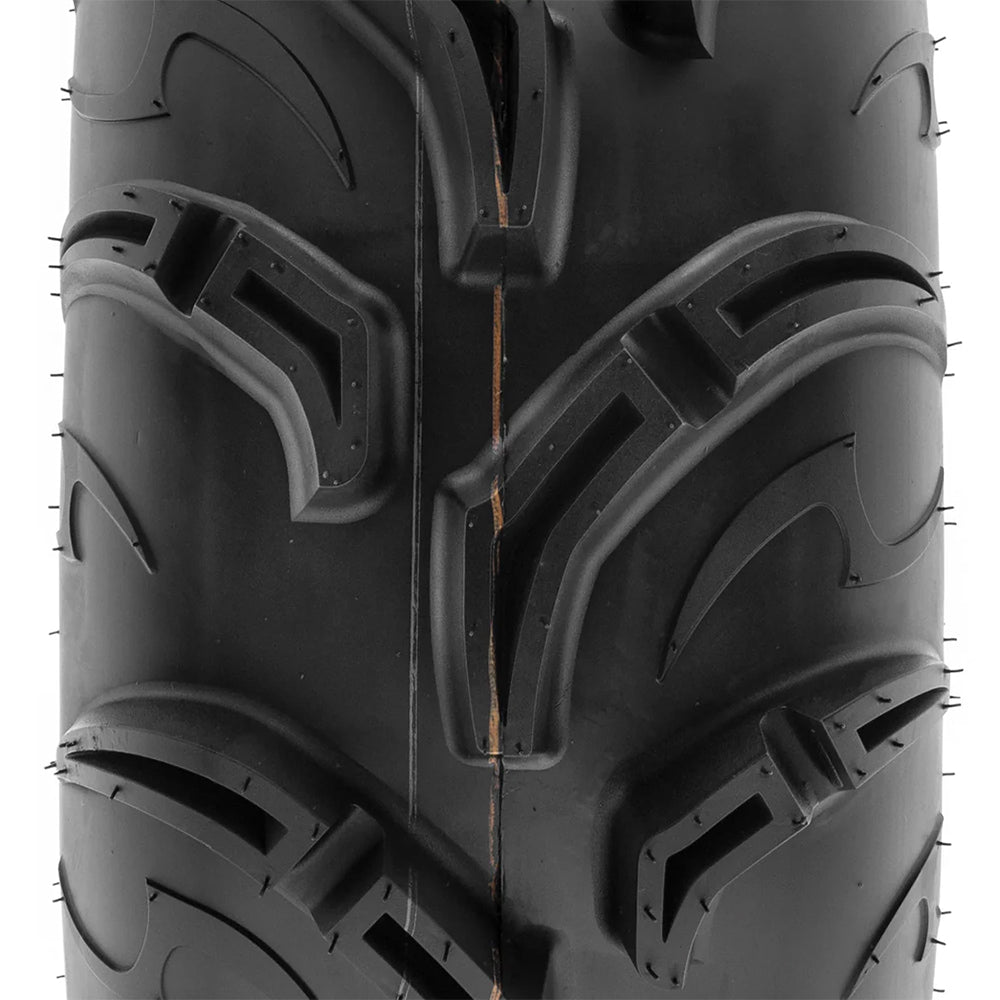 Close up detailed view of the directional tread blocks and cool casing design of the clamshell mold produced A048 mud and dirt ATV tire from SunF, constructed with bias 6-ply design for tremendous value.