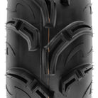 Close up detailed view of the directional tread blocks and cool casing design of the clamshell mold produced A048 mud and dirt ATV tire from SunF, constructed with bias 6-ply design for tremendous value.