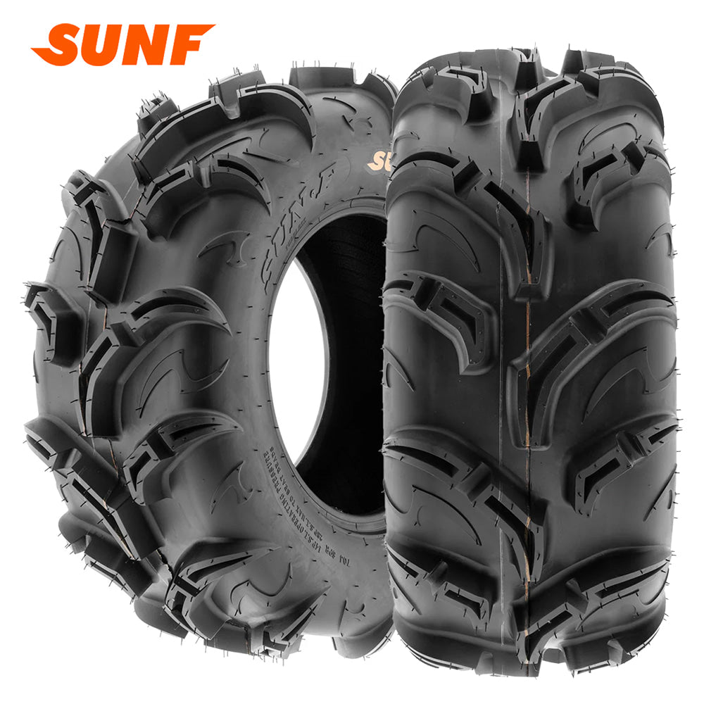 Main listing photo for the SunF A048 6-ply ATV and UTV tires available in 25" to 27" tall sizes for 12" and 14" rim diameters, featuring directional mud and loose dirt tread design, offered by Ride or Die Tire with free shipping.