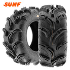 Main listing photo for the SunF A048 6-ply ATV and UTV tires available in 25" to 27" tall sizes for 12" and 14" rim diameters, featuring directional mud and loose dirt tread design, offered by Ride or Die Tire with free shipping.