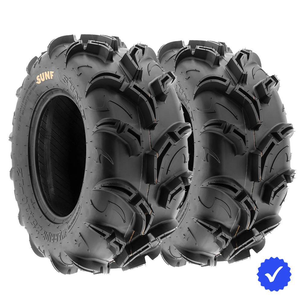 Primary angled view of the popular SunF A048 Warrior 6-Ply ATV and UTV tire pair available in 12" and 14" popular rim sizes, and made with tough durable bias construction for NHS rated use, great for dirt track and mud, offered in pairs as a set of 2 with free shipping.