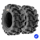 Set of 2 SunF A050 Godzilla UTV and ATV tires, designed for 10", 12", and 14" wheel diameters, and great for mud and loose sand because of deep angled lugs that are also great at self-cleaning while saving money by buying in a pair.