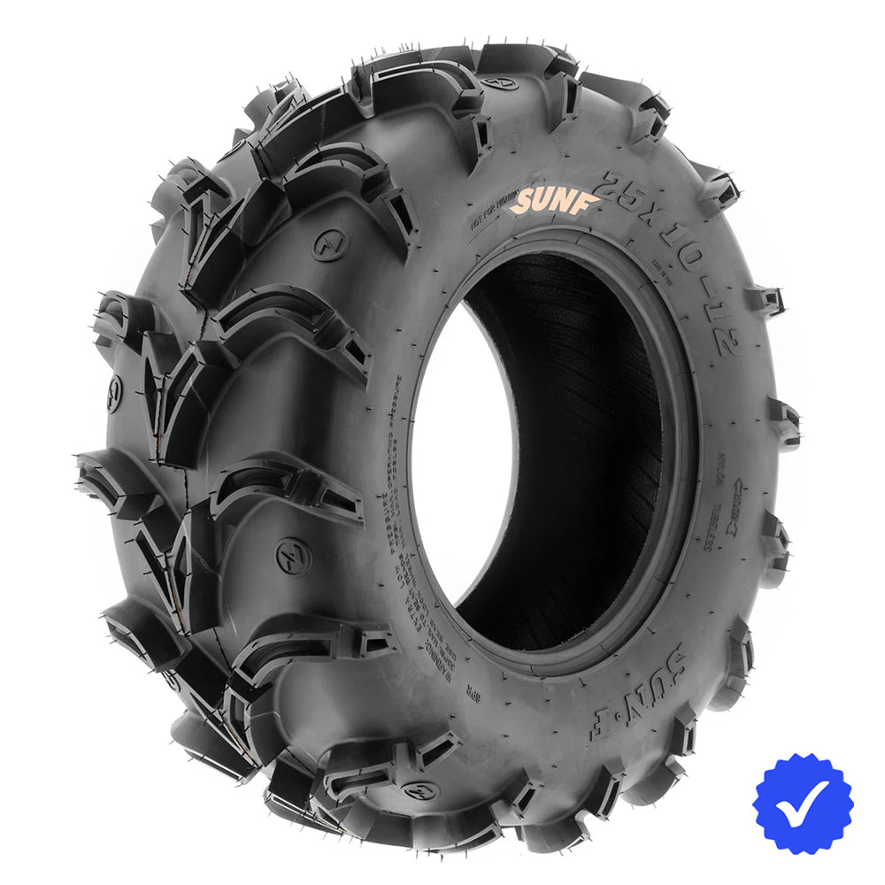 Angled view of the SunF A050 Godzilla directional mud terrain ATV and UTV tire with tough 6-ply bias construction, and available in 25x8-12, 25x10-12, and various other sizes, all offered with free shipping from Ride or Die Tire.