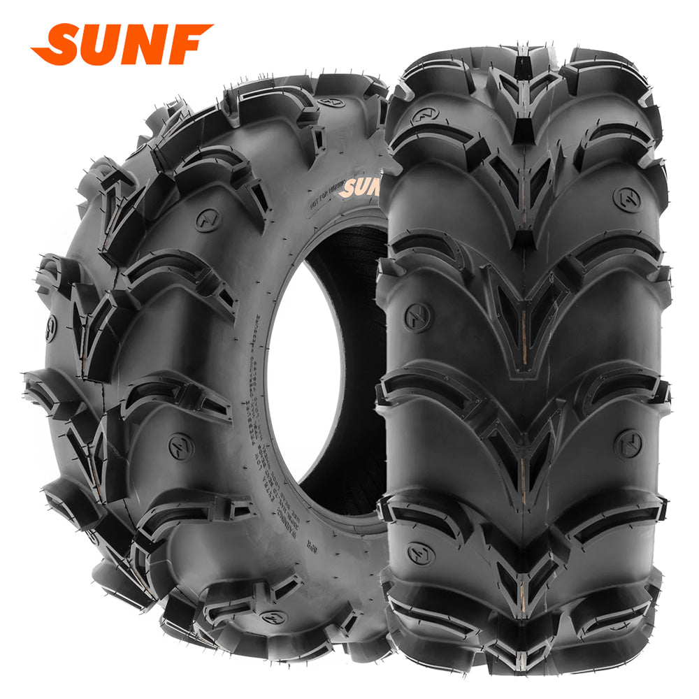 Main photo of the SunF A050 Godzilla ATV and UTV tire, featuring deep v-lug design for mud and loose dirt, with 6-ply bias construction for 10", 12", and 14" rims, always with free shipping, and available to purchase individually or in pairs / sets of 2.