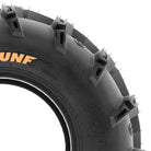 Close up detailed view of the full color sidewall logo and rotation arrow on the side of the SunF Godzilla A050 mud and dirt tire for ATV, Quad, and UTV applications.