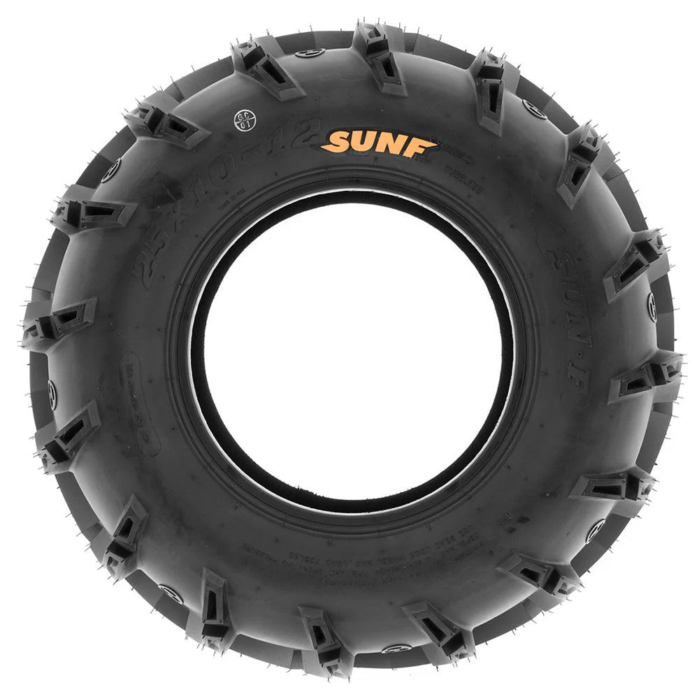 Full sidewall view of the SunF Godzilla tire, A050 model, made with tough bias 6-ply construction, and deep angled lug design similar to the ITP Mud Lite tire lineup but at a much better price.