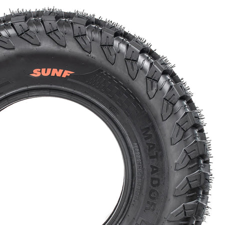 Partial sidewall A060 Matador tire view, displaying the full color SunF sidewall logo, checkered pattern design, and Matador model, in the 32x10R15 AT tire size but also available in 14" rim sizes as well as 33x10R15.