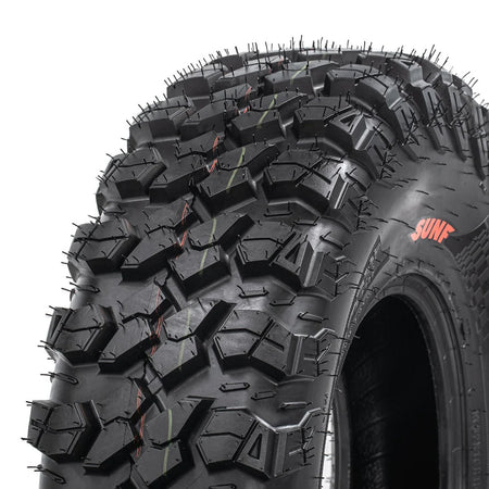 Close up view of the alternating shoulder tread block design featured on the new SunF A060 Matador 8-Ply Radial UTV tire, manufactured with clamshell mold technology, and designed to perform great on a wide variety of terrains.
