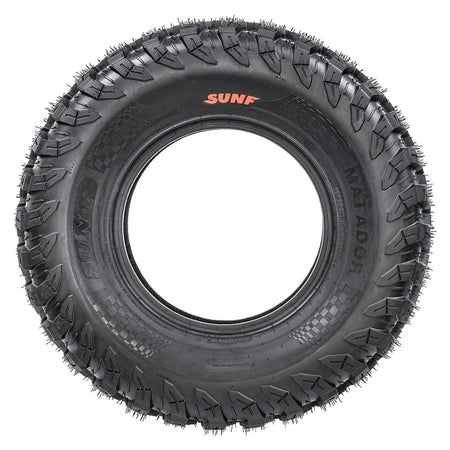 Full sidewall view of the tough and rugged great value SunF A060 Matador 8-Ply Radial Side-by-Side and UTV tire, featuring great looking sidewall full color logo and molded Matador wording and checkered flag design.
