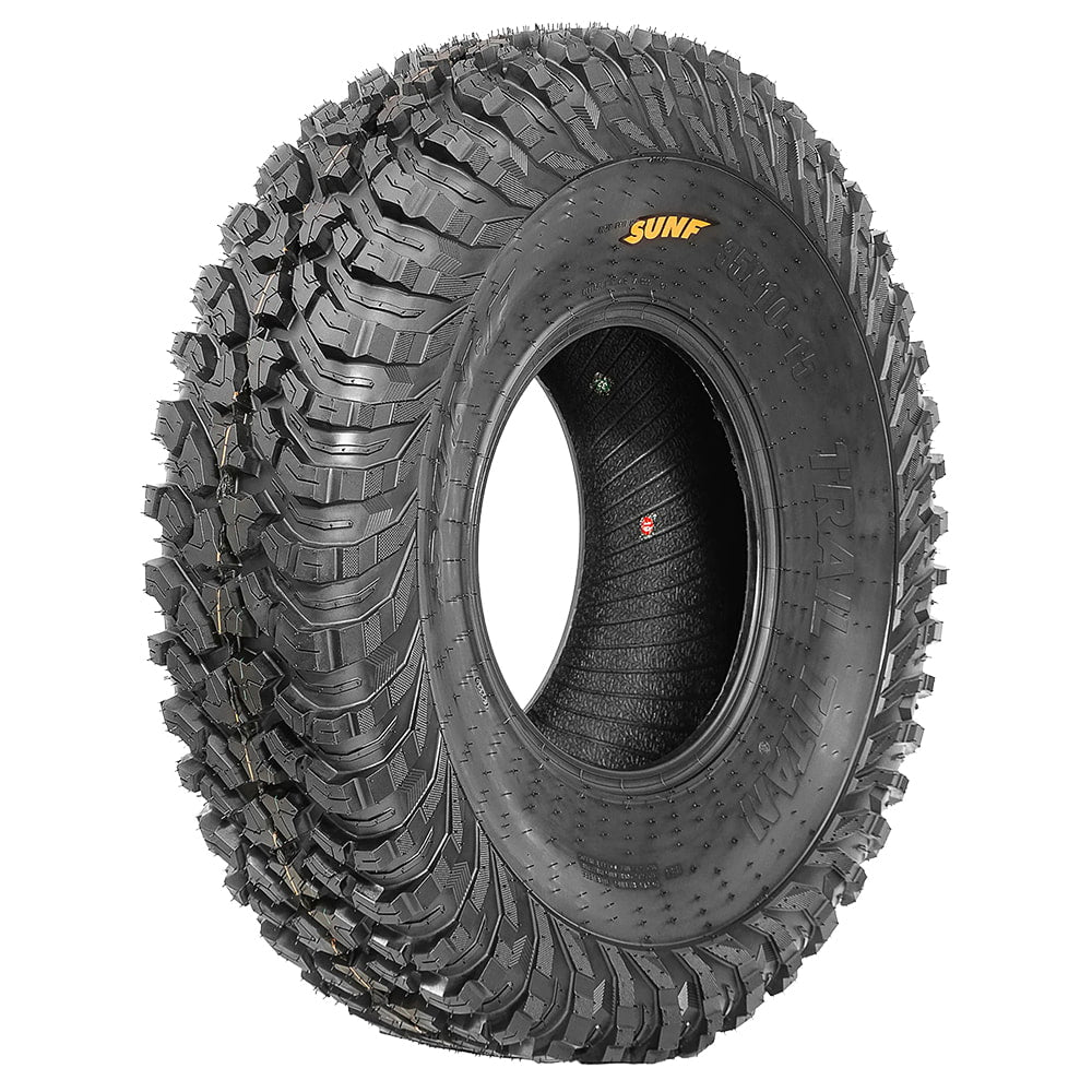 Angled view of the new SunF A066 Trail Titan 35x10-15 all-terrain 10-ply bias UTV and SXS tire, featuring a high traction rubber compound and tread pattern, non-directional design, and rugged construction, offered with fast and free shipping.