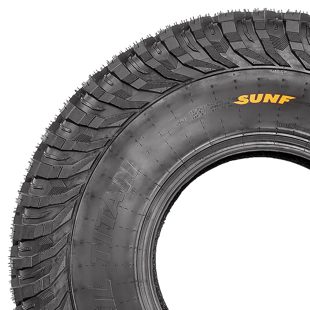 Detailed sidewall and shoulder view of the SunF A066 Trail Titan UTV and SXS tire, including full color SunF logo and 10-ply rating with 14 psi recommended operating pressure and 85J load and speed index on the 35x10-15 size.