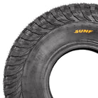 Detailed sidewall and shoulder view of the SunF A066 Trail Titan UTV and SXS tire, including full color SunF logo and 10-ply rating with 14 psi recommended operating pressure and 85J load and speed index on the 35x10-15 size.