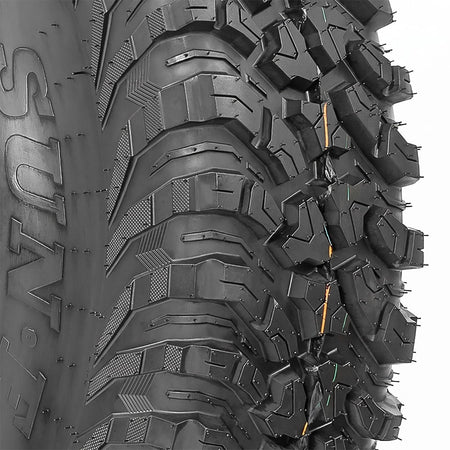 Extreme close up detailed view of the shoulder lugs and center lug design found on the SunF A066 Trail Titan 35x10-15 bias ply all-terrain high performance UTV tire.