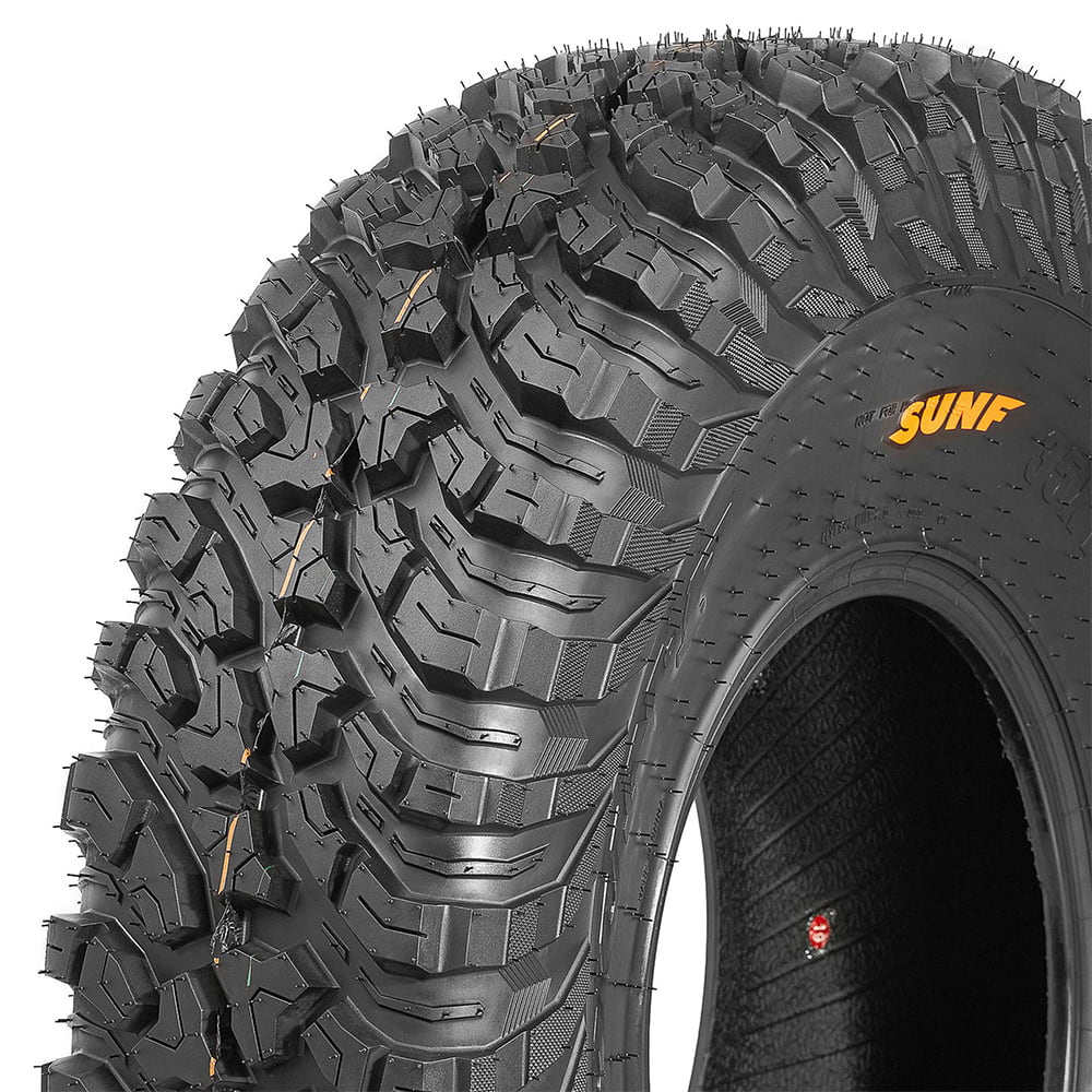 Close up angled view of the tread pattern detail and lug design found on the SunF A066 Trail Titan 10-ply bias UTV and Side-by-Side tire, featuring inter-lug stone ejectors on the shoulder and strategic siping.