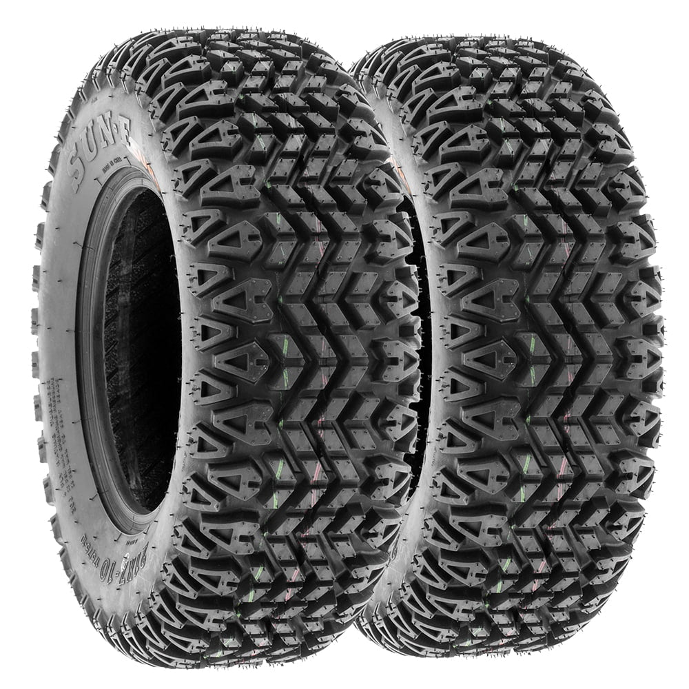 Angled view of a pair / Set of 2 SunF G003 all-terrain golf cart, lawn and garden all terrain tires, featuring a high traction design and 4-ply bias construction, offered in a wide variety of sizes, all with fast and free shipping.